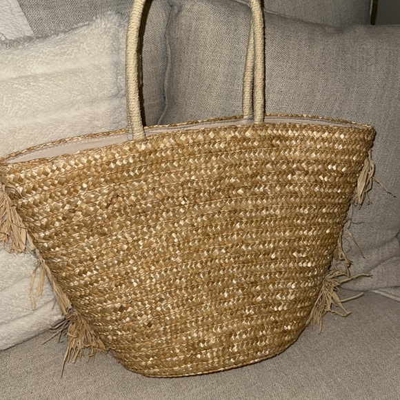 Urban Expressions Shakira Fringe Straw Raffia Pearl Natural Beige Tote/Bag NWT - Picture 2 of 9